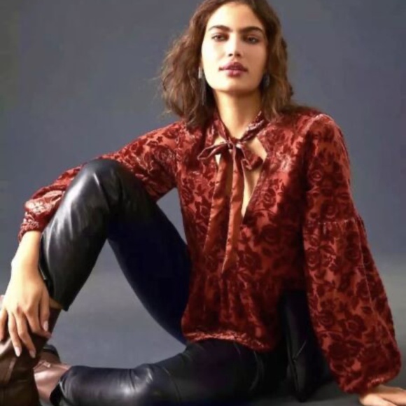 Anthropologie Top Velvet Tie-Neck NWOT XS - Picture 1 of 13